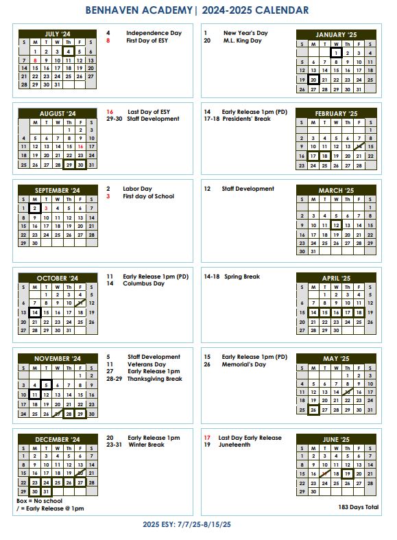 Academic Calendar at Benhaven Academy